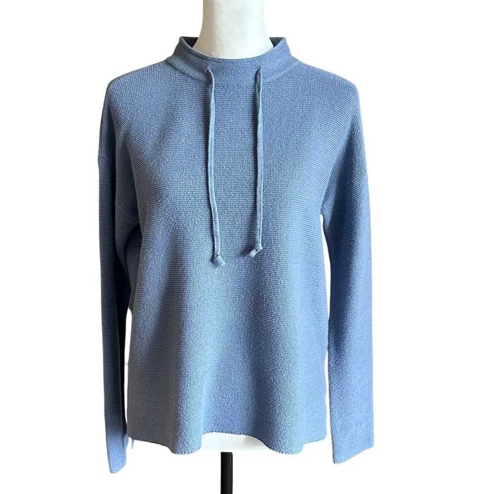 Eileen Fisher Pullover XXS Blue Cotton Hemp Knit Drawstring Sweater Oversized